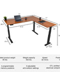 Level Up Your Remote Setup With This Hella Reliable Triple Motor Electric L Shaped Corner Standing Desk with solid teak top and black steel frame.