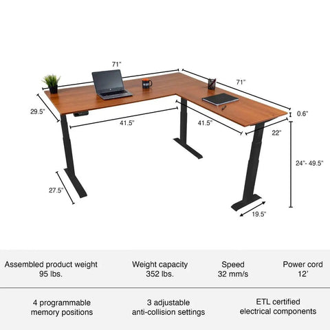 Level Up Your Remote Setup With This Hella Reliable Triple Motor Electric L Shaped Corner Standing Desk with solid teak top and black steel frame.