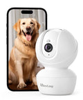 No Sweat Setup 4Mp Indoor Security Camera With Solid Hd Video And Clear Two Way Audio Free Ai Motion Tracking Night Vision Plus Easy Phone App Control For Your Pooch Around The Clock next to a phone displaying a smiling dog.