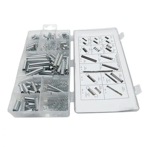 Super Cool 200 Piece Spring Assortment Kit Packed With Essential Extension Compression And Torsional Springs For Your Awesome Home DIY Hardware Projects And Repairs Today, silver metal springs in storage box
