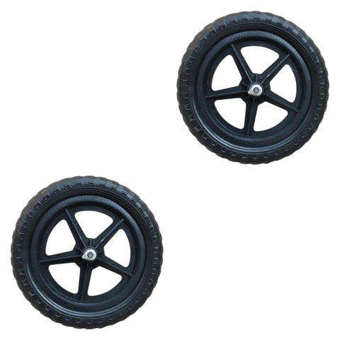 Two 11 Inch Non Inflatable Balance Bike Replacement Wheels for Kids with black pentagram hub, shown in black nylon material.