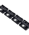 Angled front view of four black plastic adjustable torque door hinges with pre-drilled holes and screws
