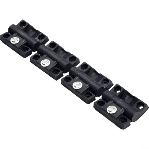 Angled front view of four black plastic adjustable torque door hinges with pre-drilled holes and screws