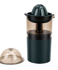 Asixxsix Portable Electric Citrus Juicer In Dark Green 400ml Cordless Handheld Fruit Press Machine With Built In Pulp Filter seen from the side, showing the clear cup and press lid.