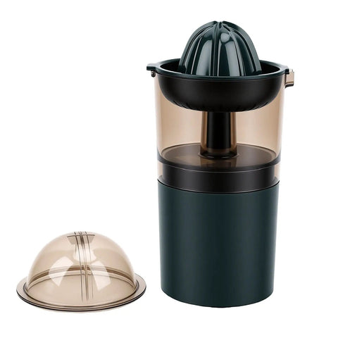 Asixxsix Portable Electric Citrus Juicer In Dark Green 400ml Cordless Handheld Fruit Press Machine With Built In Pulp Filter seen from the side, showing the clear cup and press lid.