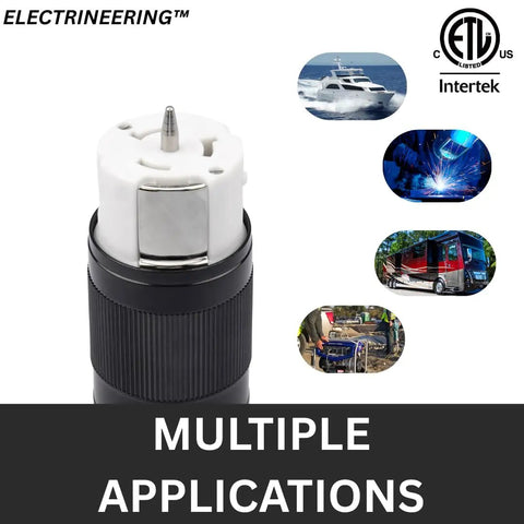 Beefy Heavy Duty Twist Lock Connector 50A 125 250V 3 Pole 4 Wire California Style CS6364C SS2-50R Female Plug ETL For Generator Cords RV Shore Power Transfer Switches Marine, white and black