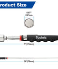 Telescopic magnetic pickup tool with measurements, handle, and extended length for the 17 Inch Rolling Magnetic Sweeper With Telescopic Magnetic Pick Up Tools.