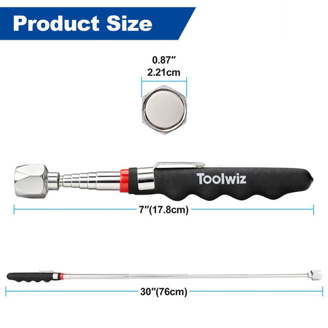 Telescopic magnetic pickup tool with measurements, handle, and extended length for the 17 Inch Rolling Magnetic Sweeper With Telescopic Magnetic Pick Up Tools.