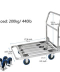 Foldable Heavy Duty Dolly Trolley Stainless Steel Flatbed Transport Cart For Tools Supplies Furniture And Equipment, 200kg capacity