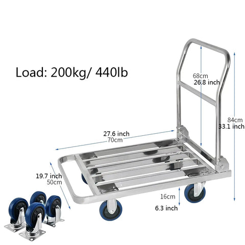 Foldable Heavy Duty Dolly Trolley Stainless Steel Flatbed Transport Cart For Tools Supplies Furniture And Equipment, 200kg capacity