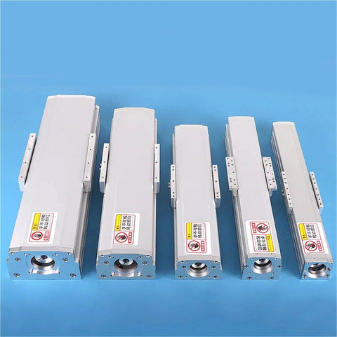 Heavy Duty Fully Enclosed Linear Guide Module With Pro Grade Ball Screw And Built Like A Tank Sliding Table, Five sizes displayed.