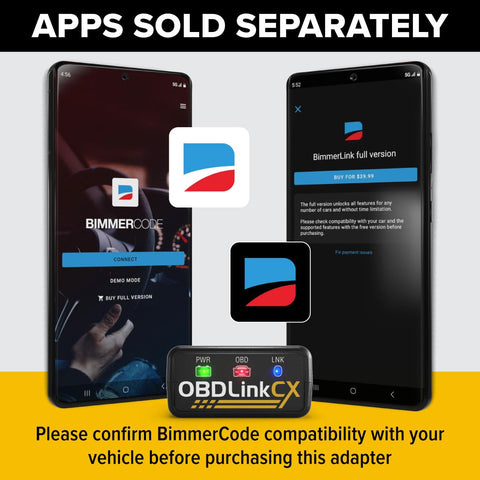 BimmerCode Ready OBD2 Adapter For BMW And Mini Bluetooth 5.1 Diagnostic Tool with app UI on smartphones.
