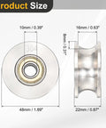 Top Shelf 304 Stainless Steel U Groove Pulley Wheel showing dimensions of 10mm bore, 48mm OD for cable performance.