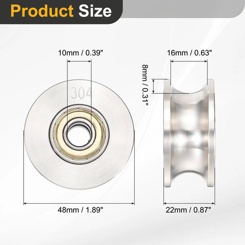Top Shelf 304 Stainless Steel U Groove Pulley Wheel showing dimensions of 10mm bore, 48mm OD for cable performance.