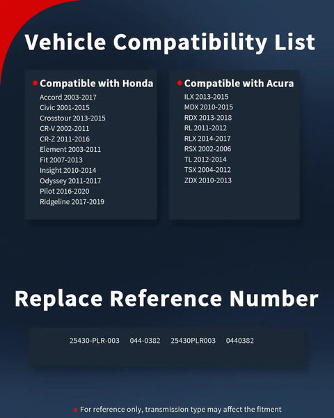 Vehicle compatibility list for Automatic Transmission Filter Kit ATF Fluid Oil Filter for Honda Accord Civic and Acura MDX models