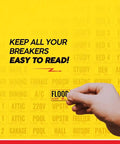 Hand holding 129 Waterproof Fuse Box Labels For Electrical Panels, Easy To Read Circuit Breaker Labels In Yellow on electrical panel
