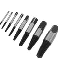 Get Your Bolt Remover Set Ready To Extract Those Stubborn Broken Screws Fast With This Heavy Duty 8 Pcs Steel Screw Extractor Kit For Quick Fixes On Water Pipes And Damaged Threads Without Breaking A Sweat. eight steel screw extractors on white