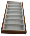 Premium Wooden Shade Keeper Tray Including Seven Gray Fabric Slots Top Tier Jewelry Glasses Watch Organizer with spacious sections.