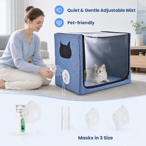 Pet Oxygen Chamber For Small Animals, Multi Function ICU Cage And Nebulizer with cat inside and woman adjusting settings