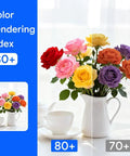 Image showing comparison of color rendering index between 80+ and 70+, featuring colorful roses in a vase with a cup.