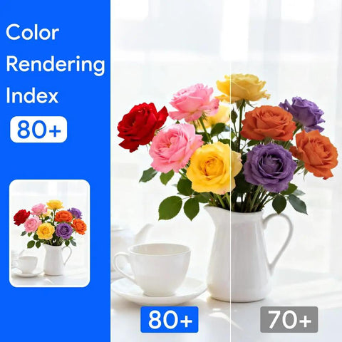 Image showing comparison of color rendering index between 80+ and 70+, featuring colorful roses in a vase with a cup.