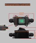 DC 12V Inline Toggle Switch Waterproof IP67 Rated 25A With 12AWG Wires Two Way Input Output Perfect For Automotive Marine RV DIY Projects Plug And Play Weatherproof On Off Power Control, front and side views