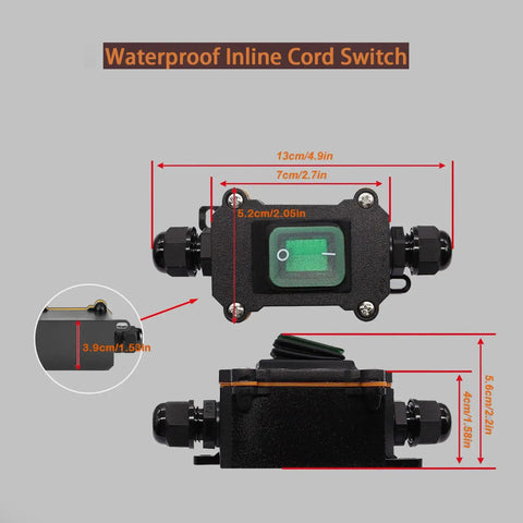 DC 12V Inline Toggle Switch Waterproof IP67 Rated 25A With 12AWG Wires Two Way Input Output Perfect For Automotive Marine RV DIY Projects Plug And Play Weatherproof On Off Power Control, front and side views