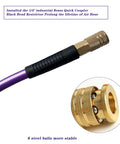 1/4 inch industrial brass quick coupler attached to Top Shelf 3/8 X 50 Ft Air Hose Kink Resistant Hybrid Rubber Compressor Line.