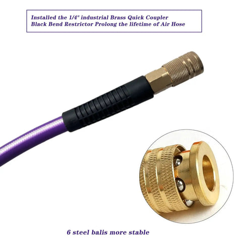 1/4 inch industrial brass quick coupler attached to Top Shelf 3/8 X 50 Ft Air Hose Kink Resistant Hybrid Rubber Compressor Line.