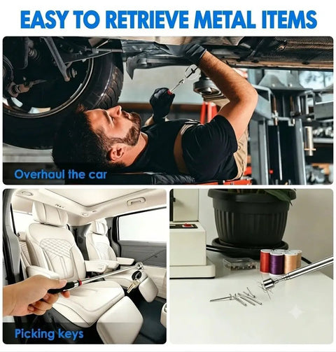 Eight Pack Telescoping Magnetic Pickup Tools With 1.5, 3, 10, And 15 Lb Capacity retrieving metal items in car and home settings.