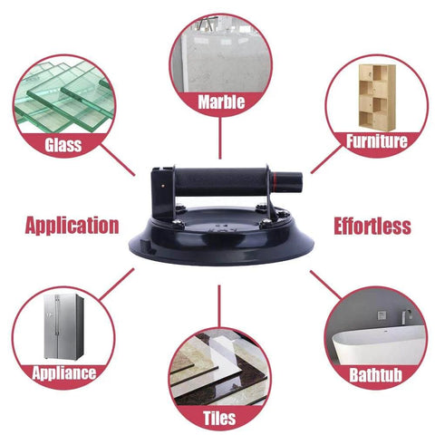 9 Inch Vacuum Concave Suction Cup Glass Lifter with handle surrounded by application examples like glass, marble, tile, and furniture.