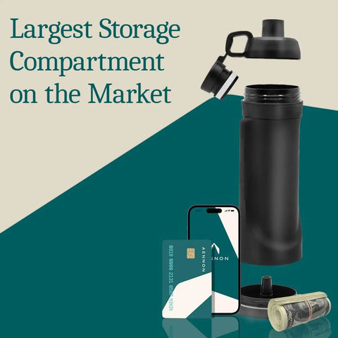 Water Bottle With Hidden Bottom Compartment Secret Storage For Cash Keys Cards Travel Gym Beach Outdoor Use, open showing contents