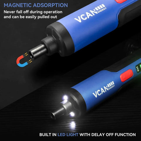 4V Cordless Electric Screwdriver With LED Light 2000mAh USB Rechargeable Battery shown with magnetic tip and LED illumination