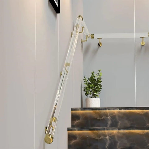 Badass Clear Acrylic Stair Handrail With Heavy Duty Gold Brackets And Custom Cut Sizes For A Sick Indoor Outdoor Wall Mount Grab Bar Installation That Sets Up Easy mounted beside modern stairs.