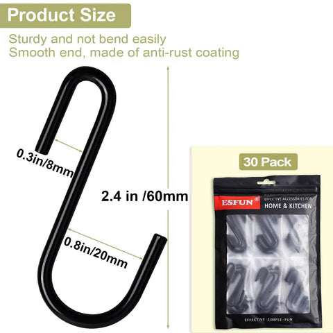 Heavy Duty S Hooks For Wire Shelves 30 Pack Black Hanging Hooks product size and packaging shown