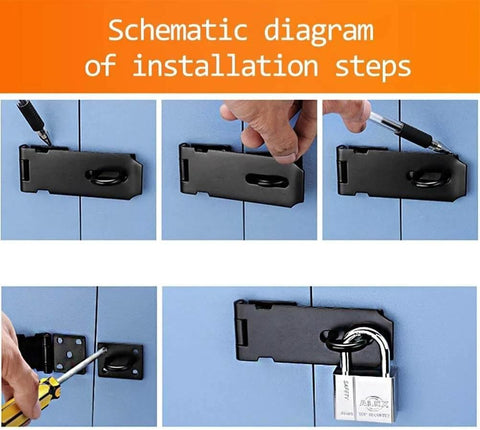 Installation process of Stainless Steel 4 Inch Door Hasp Latch Lock With Fixing Screws Black Gate Hasp for external doors and cabinets.