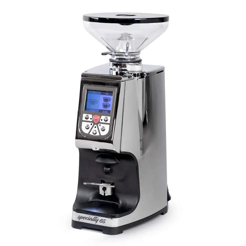 Rock Solid Hella Quiet Espresso Grinder Featuring Precision 65 Mm Flat Burrs And Compact Short Hopper Programmable Dosing Settings Deliver Wicked Shot Quality In Sleek Chrome Finish, side view with digital display.