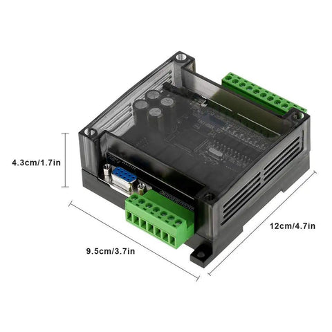 Industrial PLC Control Board With 24V DC Supply, Relay Output, Online Monitoring; front view showing dimensions and components.