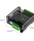 DC 24V FX1N 14MR PLC with relay output, showing dimensions 12x9.5x4.3 cm, transparent casing, connectors visible, for automation projects.