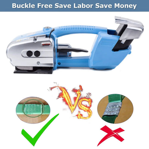 Heavy Duty Grip Electric Strapping Machine Handheld Automatic Pet Banding Tool Rechargeable Lithium Battery side view with tensioning features.