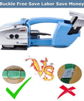 Rock Solid Electric Strapping Machine, Handheld Bander For Quick Load Securing, Automatic Tension Cut Tool With Hot Swap Battery Pack side view for packaging.