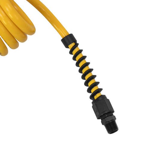 Heavy Duty No Nonsense Polyurethane Recoil Air Hose Zero Drama with black swivel fitting, 10ft length for pneumatic tools.
