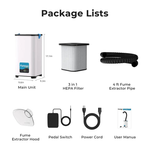 Package contents of Nail Salon Fume Extractor With 130W Motor 260m3/h Air Flow Pedal Switch 3 In 1 HEPA Filter Low Noise Design