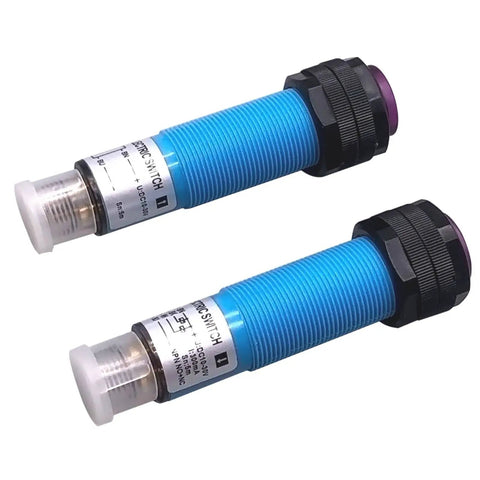 M18 5m Cylindrical Through Beam Photoelectric Proximity Switch Plug In Sensor For Industrial Machinery RetroReflection 2m Range NPN NO Wide Voltage Durable Proximity Sensor For Tight Spots And Easy Mounting, side view