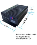 1000W Continuous, 2000W Peak Pure Sine Wave Inverter from 12V DC to 110V 120V AC 60Hz with USB Port, showing dimensions