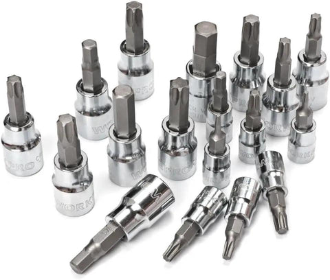 Heavy Duty 450 Piece Drive Socket Set With Quick Release Ratchet Wrench Includes Half Inch Quarter Inch And Three Eighths Inch Drives Chrome Finish For Rust Resistance Metric And Imperial Spanners And Bits Kit Close-up of various steel bits