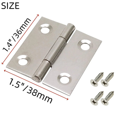 Front view of 1.5-inch stainless steel cabinet hinge with mounting holes; includes screws, 6-pack