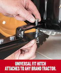 Universal hitch attachment for Tow Behind Poly Dump Cart With 10 Cu Ft Bed And 350 Lb Load Capacity, Made in USA, close-up view