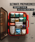 Front view of open red first aid kit with 400 pieces, assorted bandages, gauze, gloves and supplies.