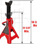 Double Locking 3 Ton Steel Pro Grade Jack Stands For Auto Shop And Garage Use Adjustable Lift From Eleven And A Quarter Inches To Sixteen And Three Quarters Inches Six Thousand Pound Capacity Red Finish Durable Saddle One Pair